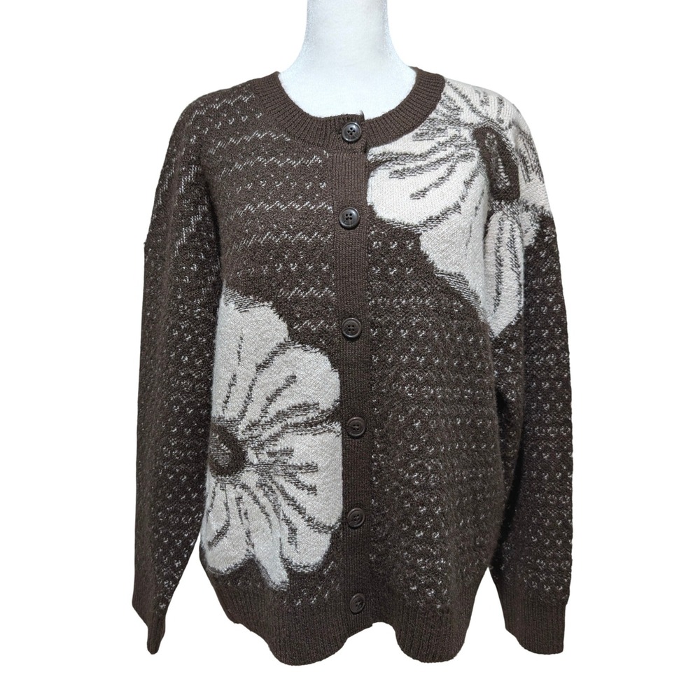 Ninety Clothing Co Brown Floral Button Front Cardigan Sweater L Cottage Grandma